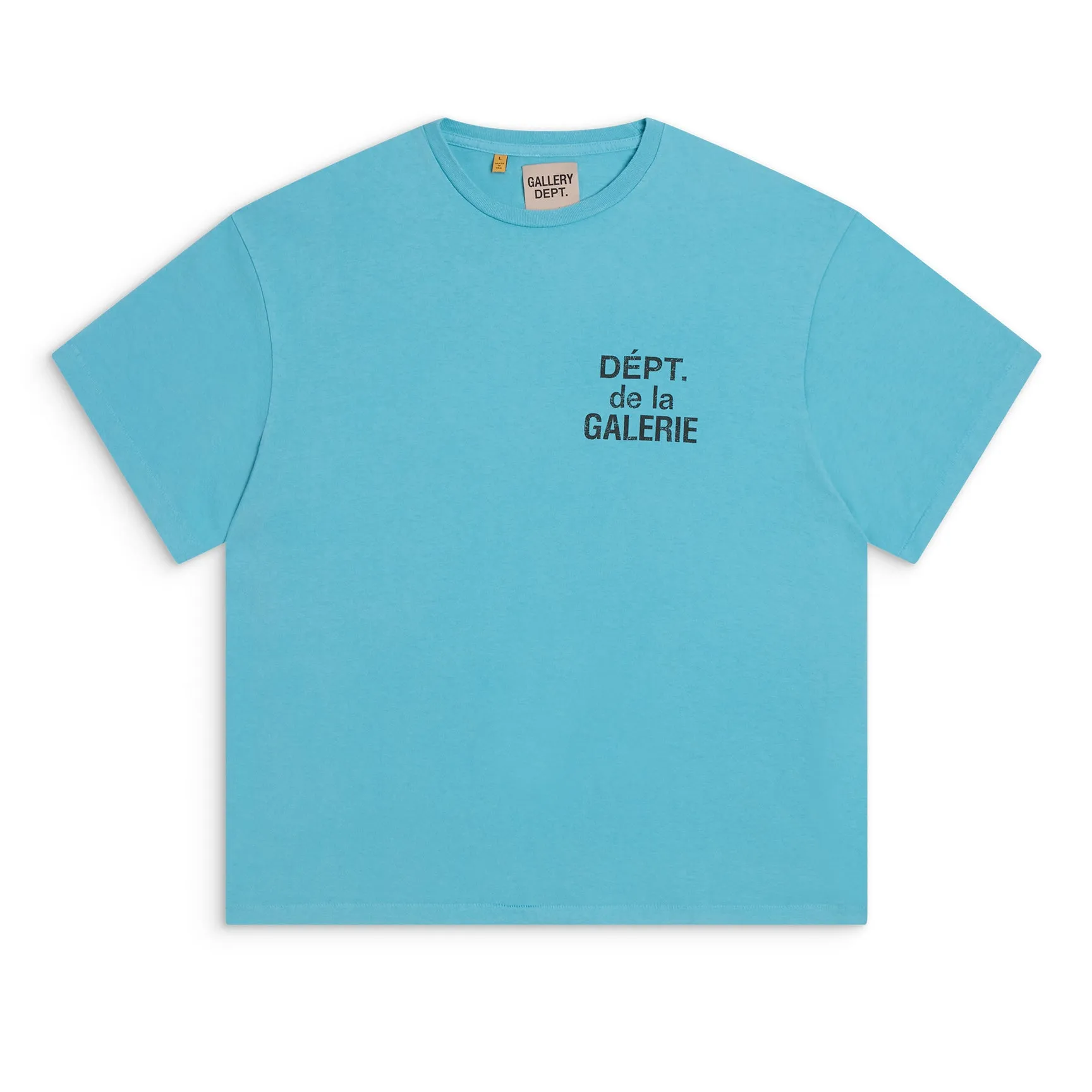 GALLERY DEPT. FRENCH TEE/LIGHT TEAL Lake Blue French Lake Blue S-XL Summer Dopamine Color American Retro Original Same OE Yarn Cone Fabric Garment Dyeing Printing Rewashed Water Distressing Simulates Natural Distressing Effect Correct Accessories Top Purchasing Level